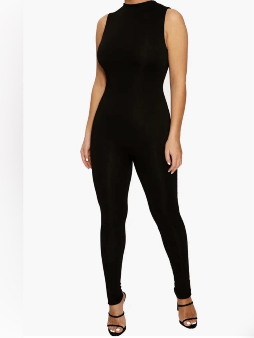 Naked Wardrobe Black Bodycon Jumpsuit Funnel Neck Sleeveless sculpt (NWOT) S